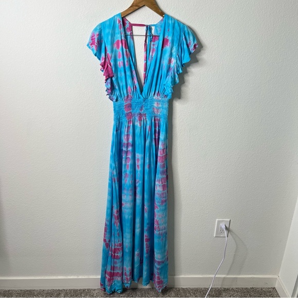 NWT Tiare Hawaii Lia Maxi Dress In Turquoise Fuchsia Leo Tie Dye Womens XS / S - Picture 4 of 12